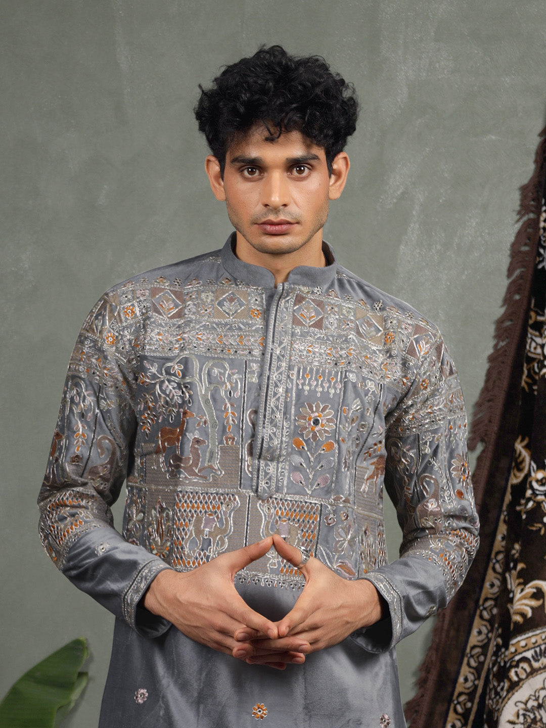 Grey Embroidered Kurta – Mandarin Collar