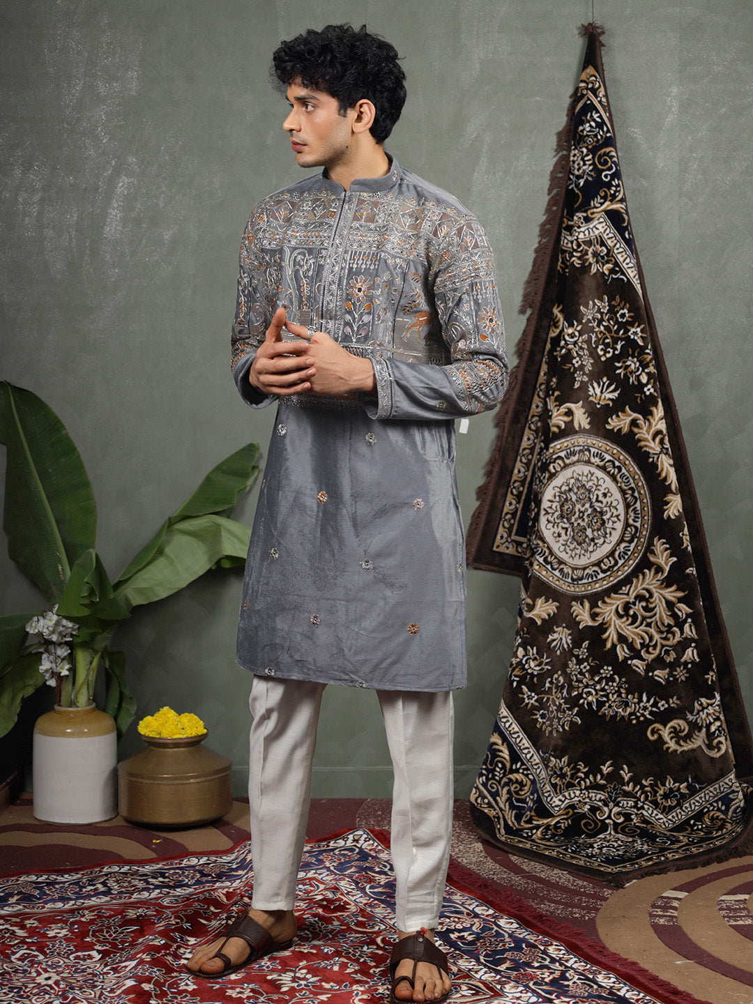 Grey Embroidered Kurta – Mandarin Collar