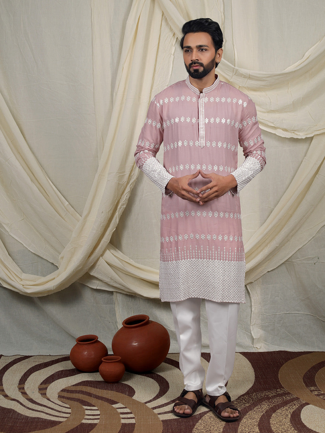 Dusty Rose Pink Embroidered Kurta – Mandarin Collar