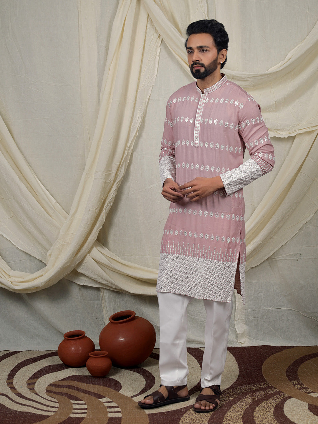 Dusty Rose Pink Embroidered Kurta – Mandarin Collar