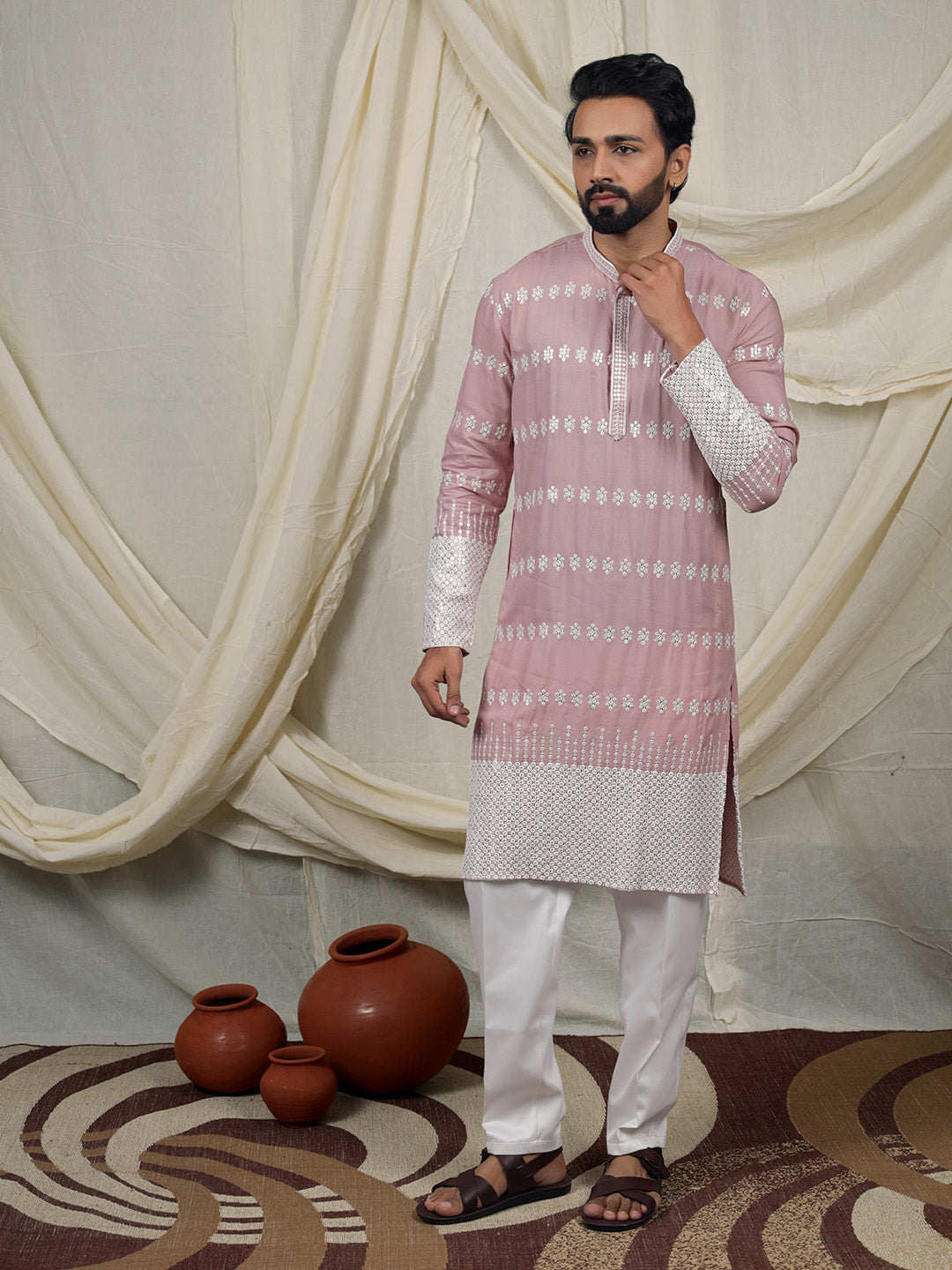 Dusty Rose Pink Embroidered Kurta – Mandarin Collar