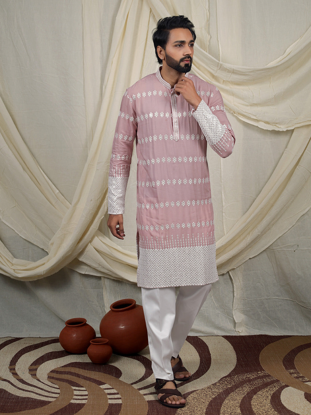Dusty Rose Pink Embroidered Kurta – Mandarin Collar
