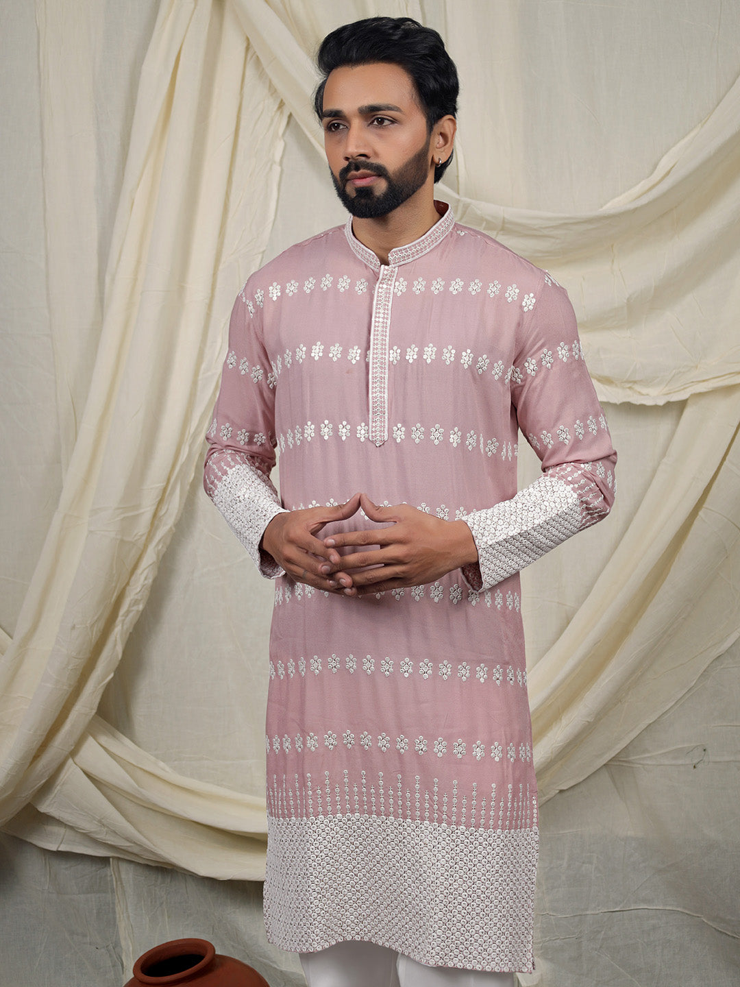 Dusty Rose Pink Embroidered Kurta – Mandarin Collar