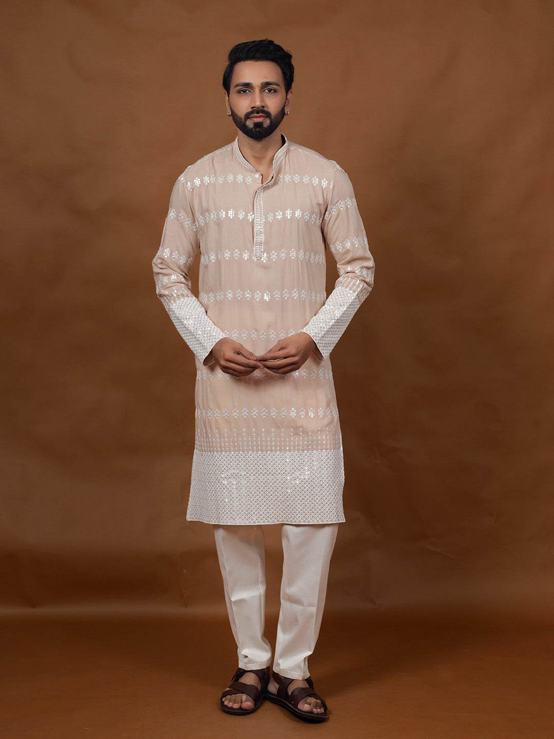 Beige Embroidered Kurta – Mandarin Collar