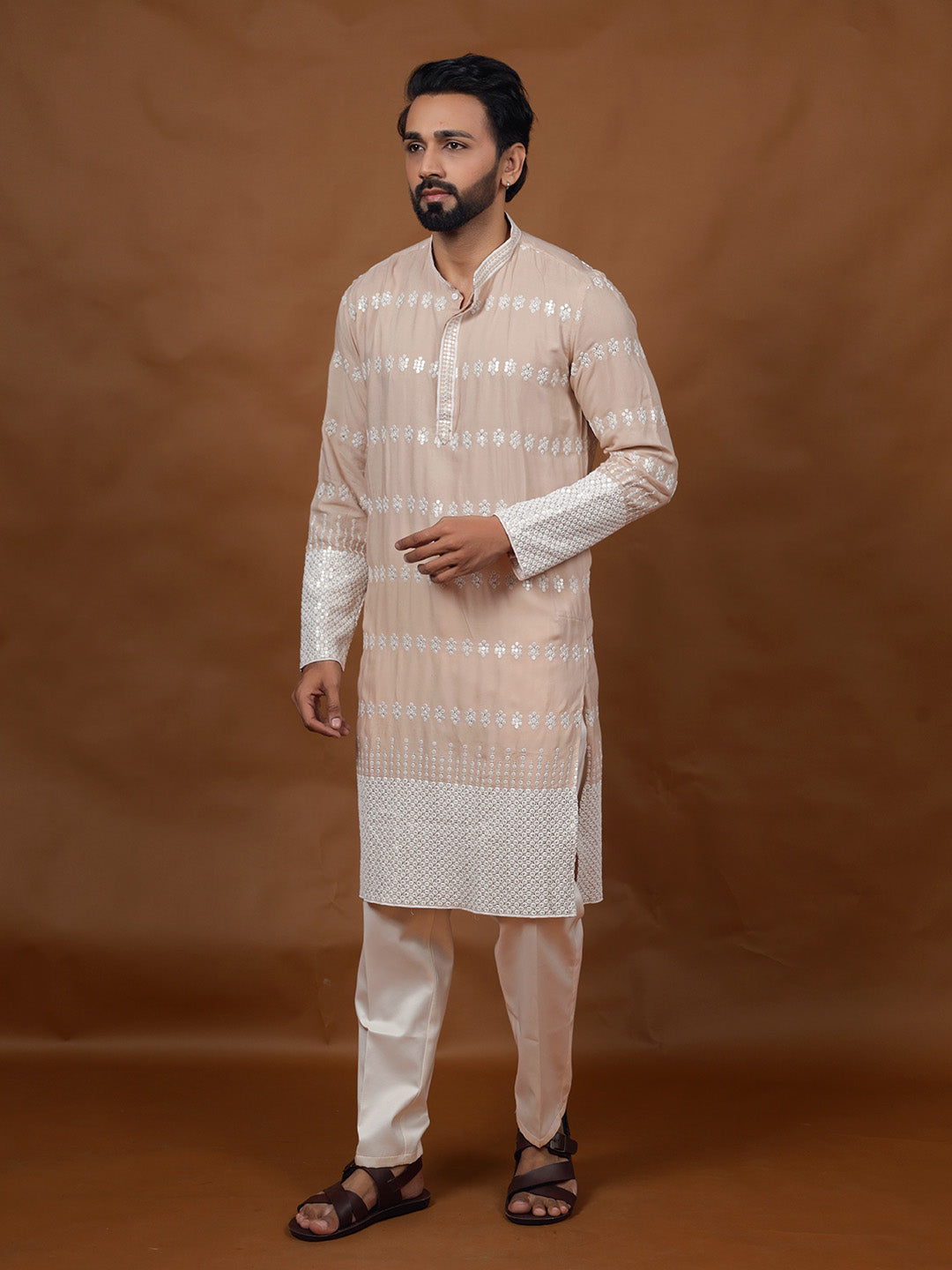 Beige Embroidered Kurta – Mandarin Collar
