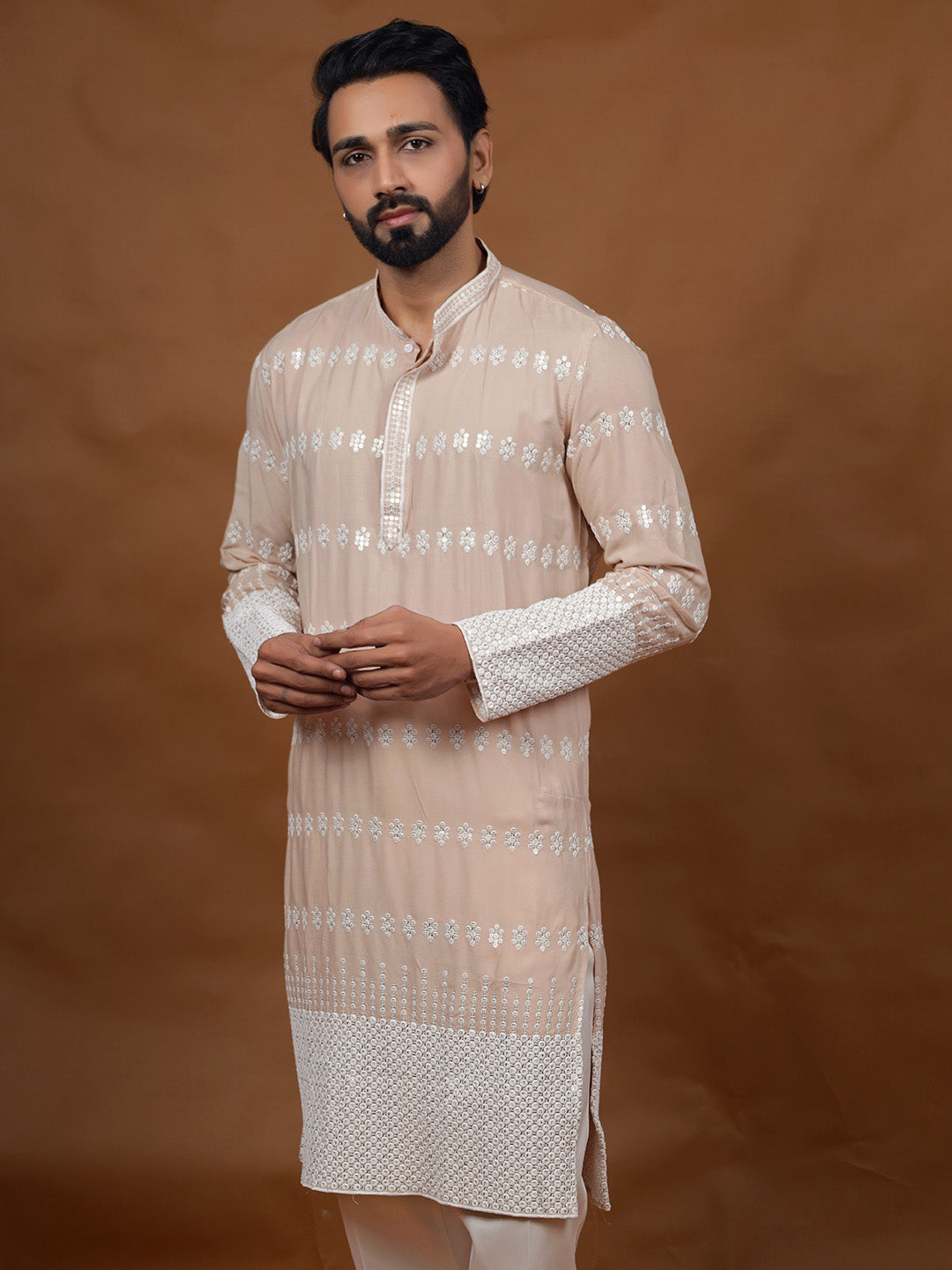 Beige Embroidered Kurta – Mandarin Collar