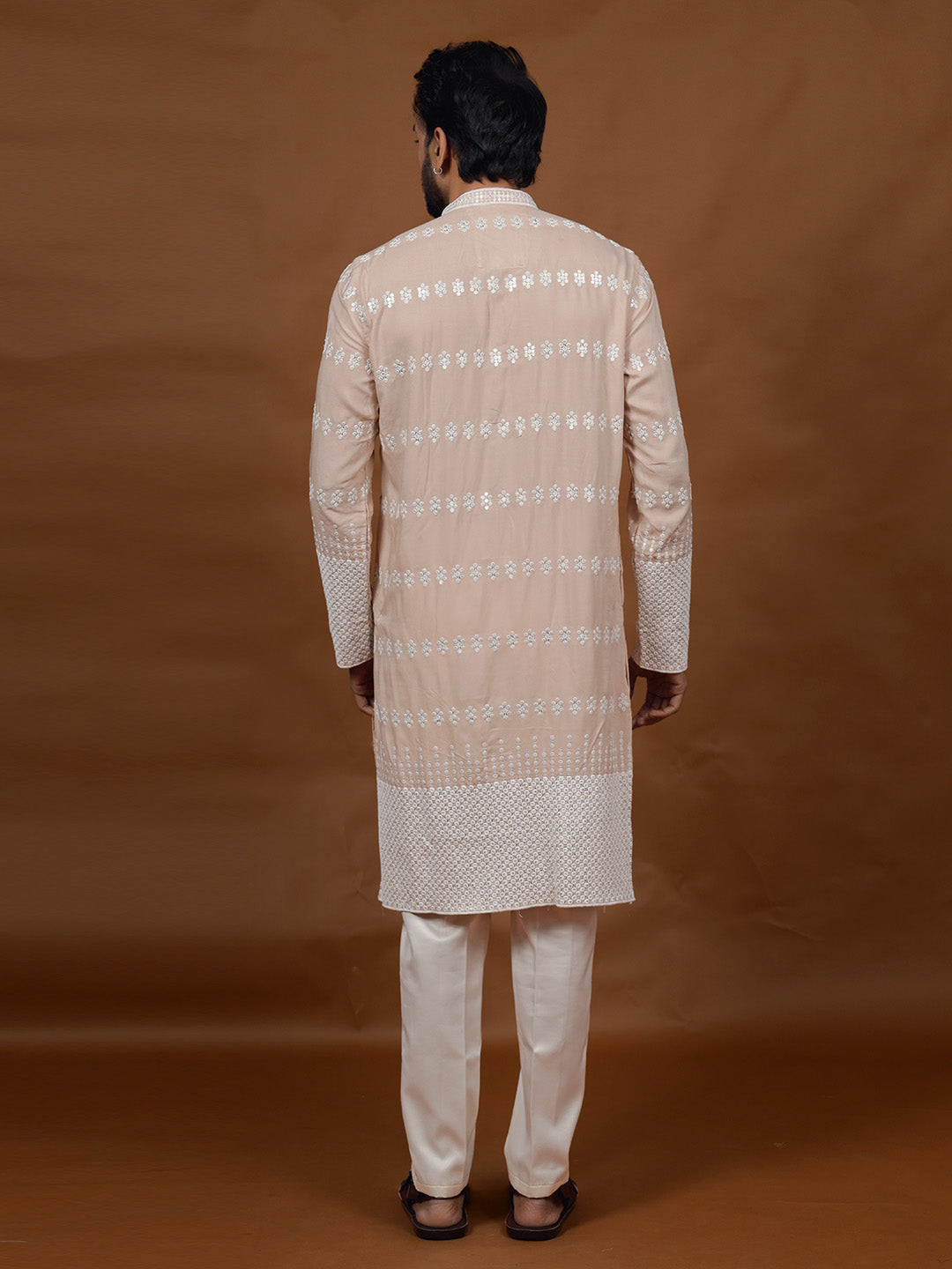 Beige Embroidered Kurta – Mandarin Collar