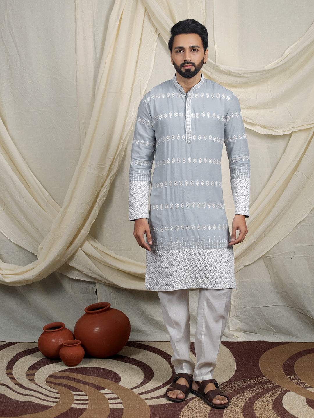 Blue Embroidered Kurta – Mandarin Collar