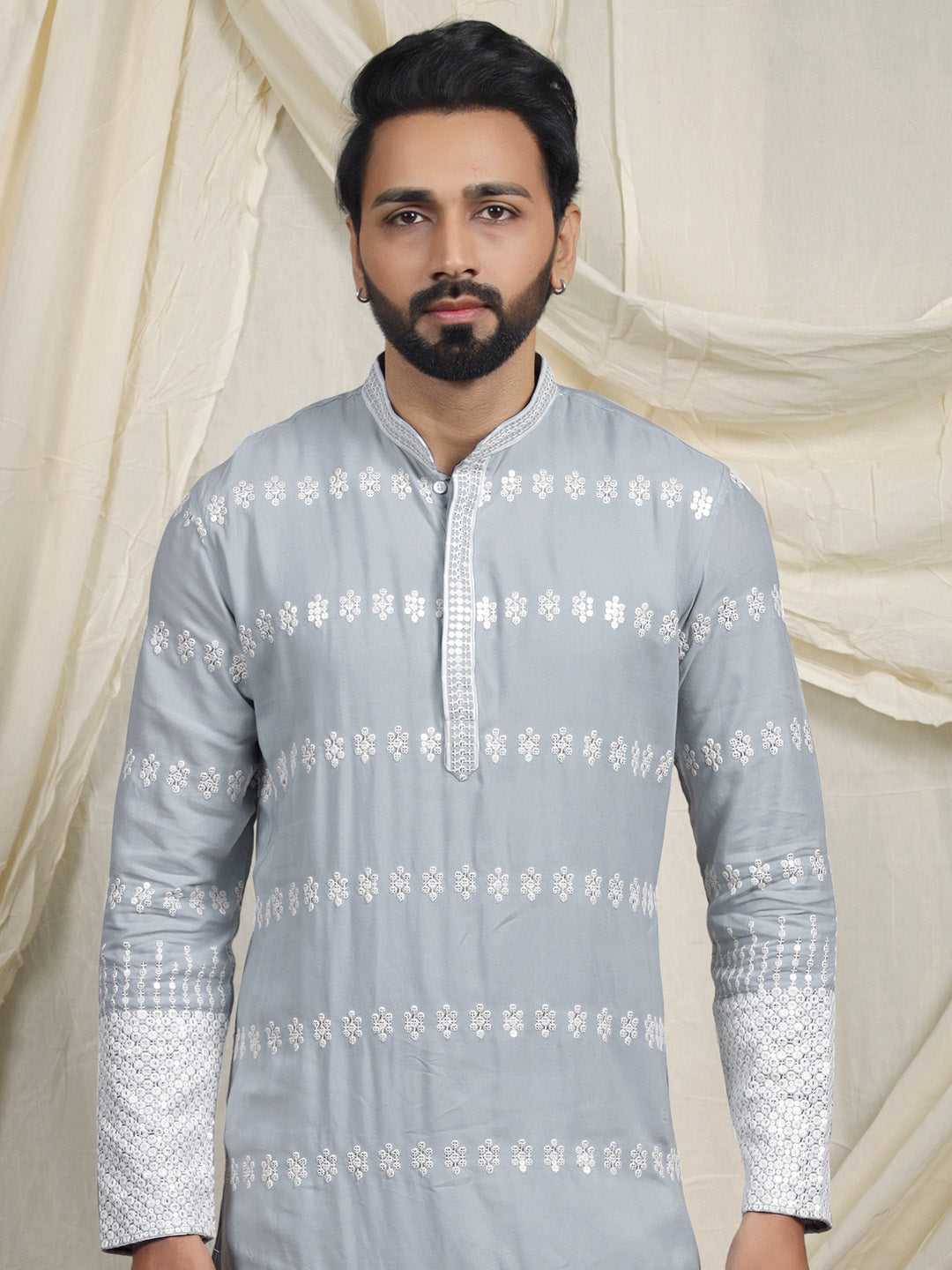 Blue Embroidered Kurta – Mandarin Collar