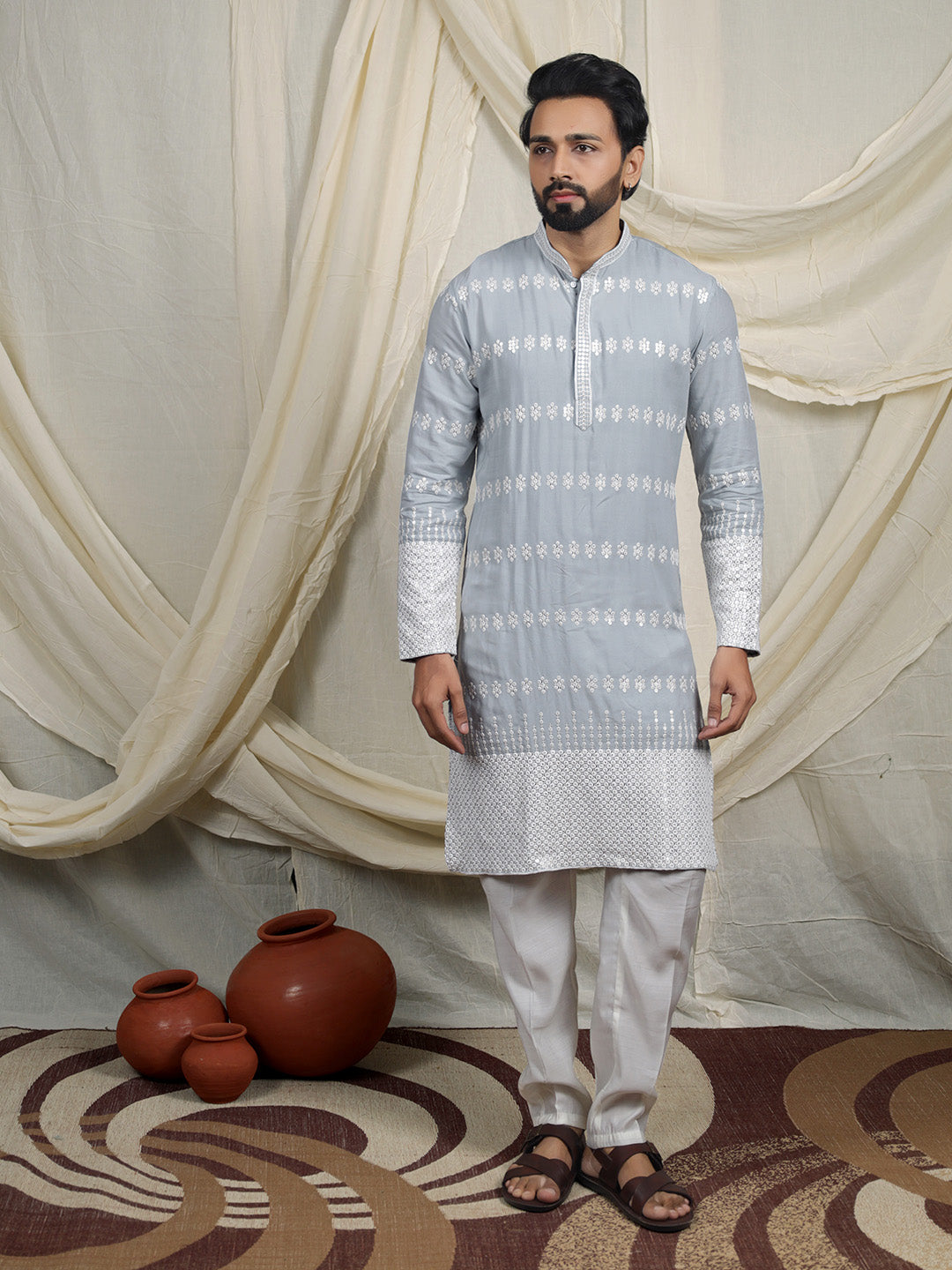 Blue Embroidered Kurta – Mandarin Collar