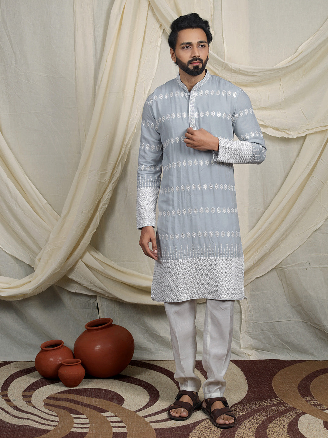 Blue Embroidered Kurta – Mandarin Collar