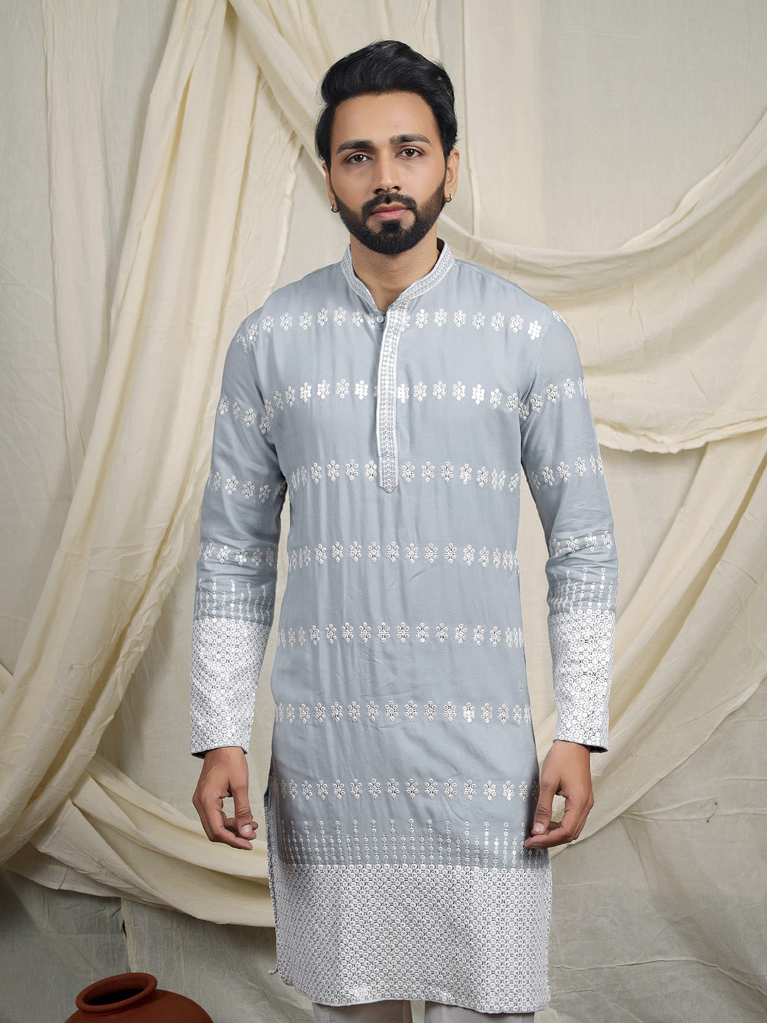 Blue Embroidered Kurta – Mandarin Collar