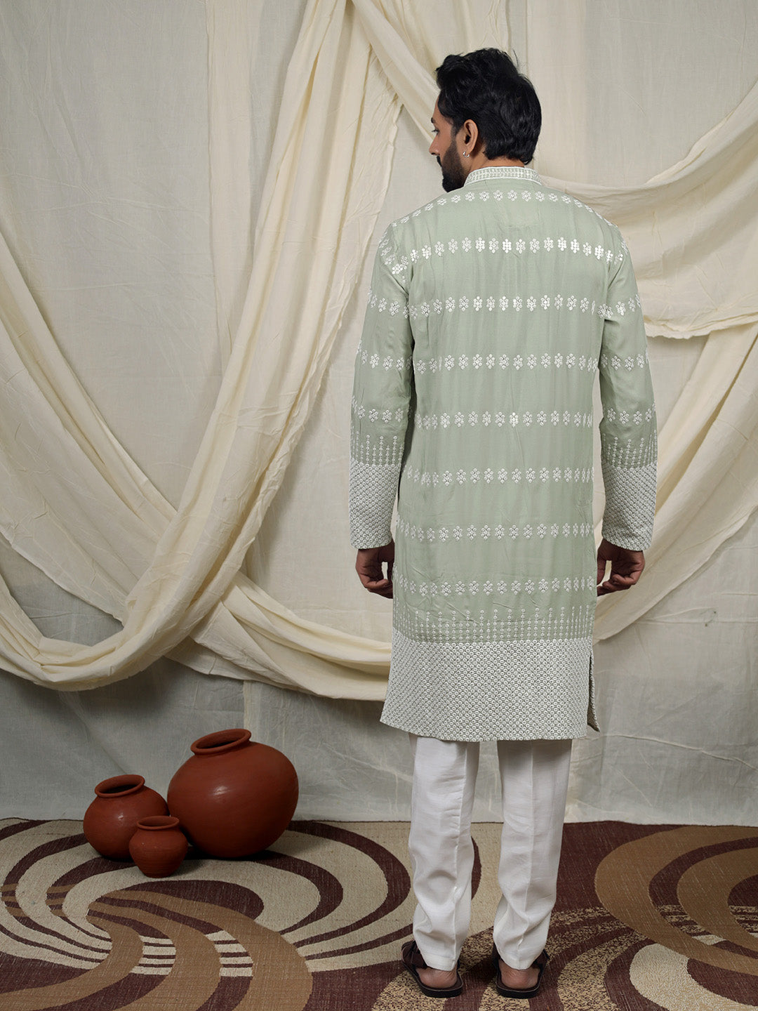 Sage Green Embroidered Kurta – Mandarin Collar