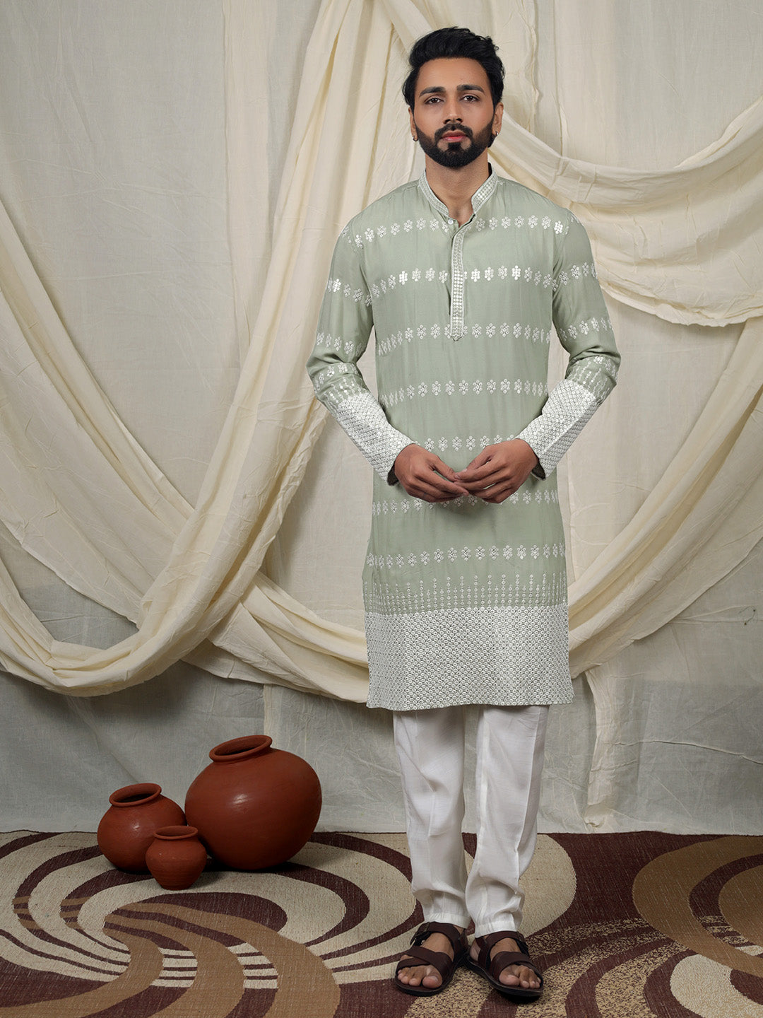 Sage Green Embroidered Kurta – Mandarin Collar