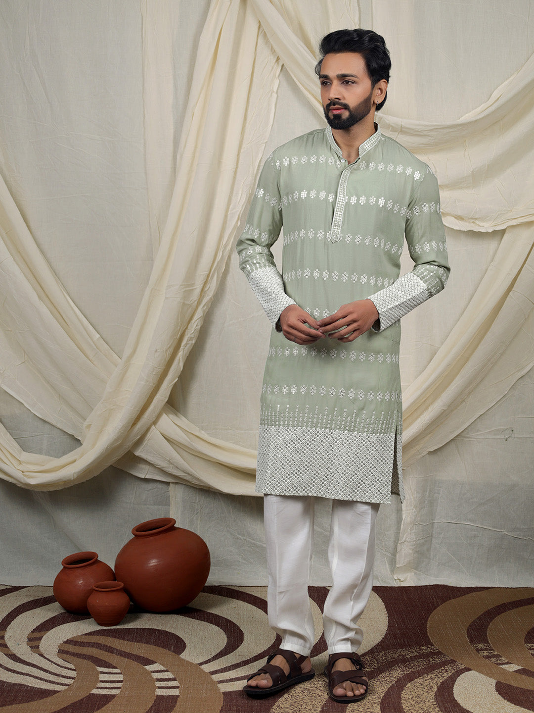Sage Green Embroidered Kurta – Mandarin Collar