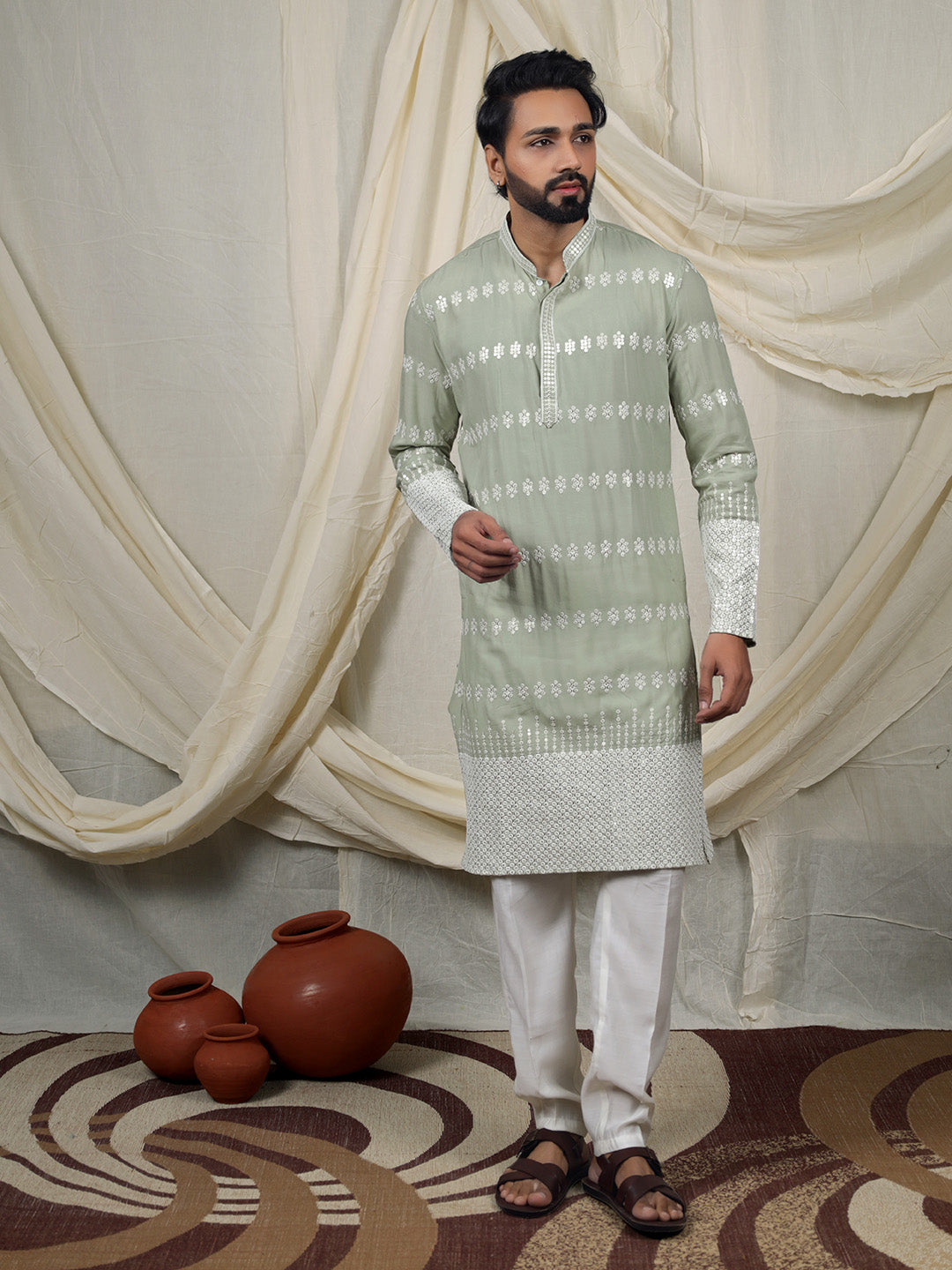 Sage Green Embroidered Kurta – Mandarin Collar