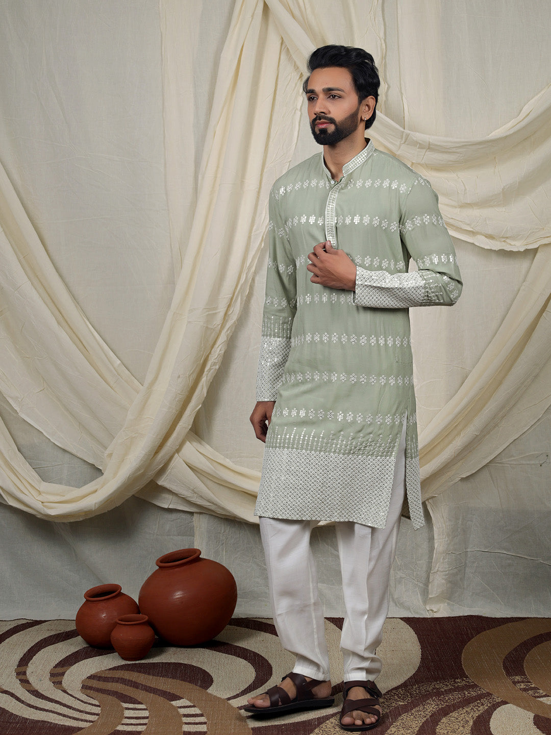 Sage Green Embroidered Kurta – Mandarin Collar