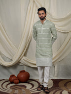 Sage Green Embroidered Kurta – Mandarin Collar