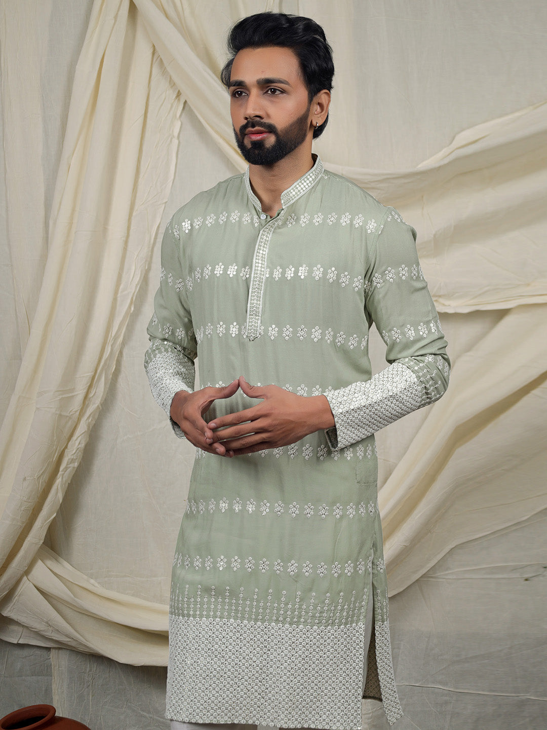 Sage Green Embroidered Kurta – Mandarin Collar