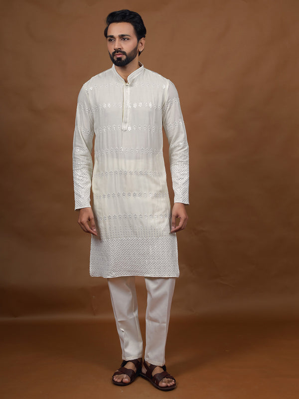 Off-White Embroidered Kurta – Mandarin Collar