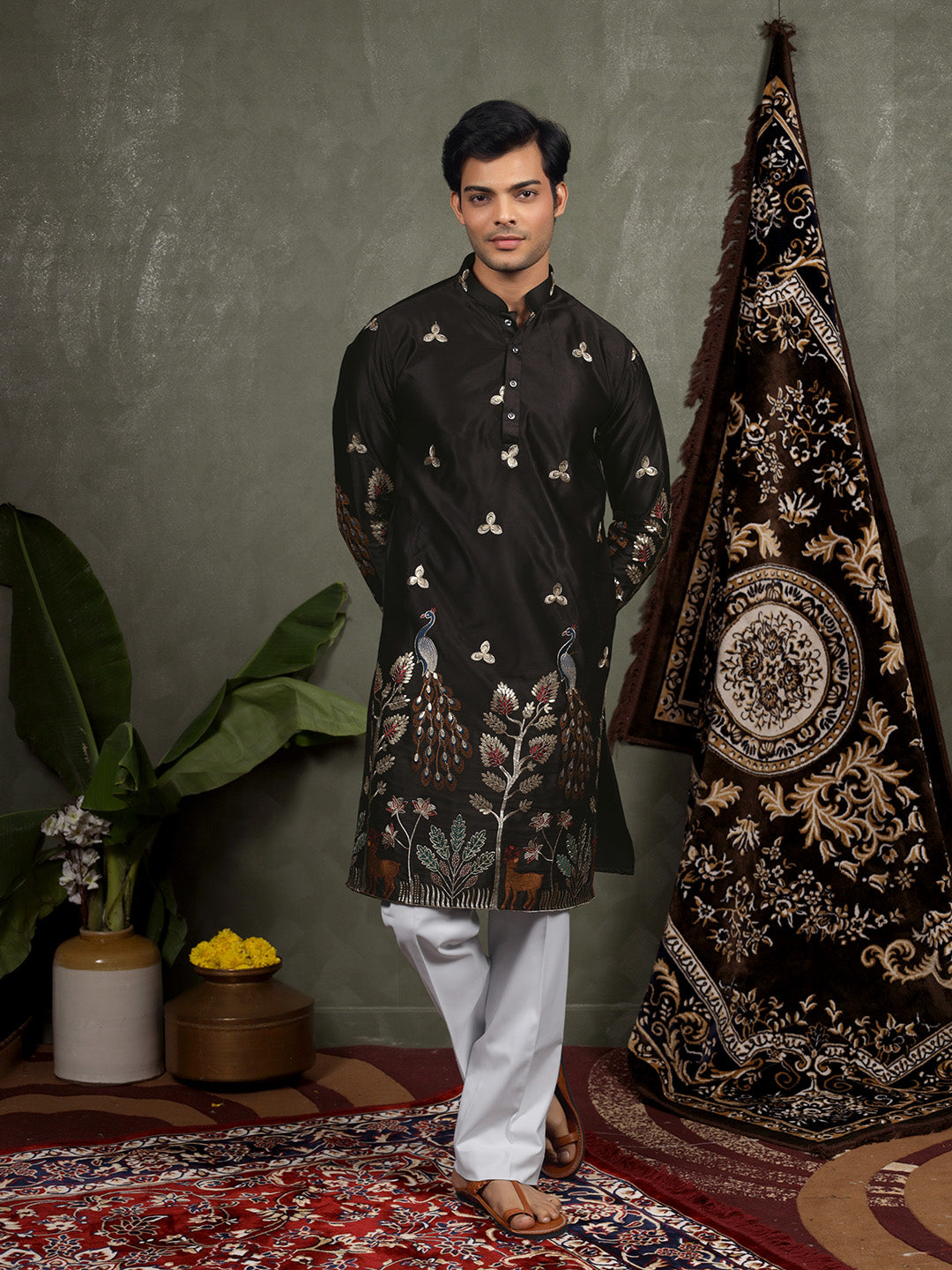 Black Scenic Embroidered Satin Kurta