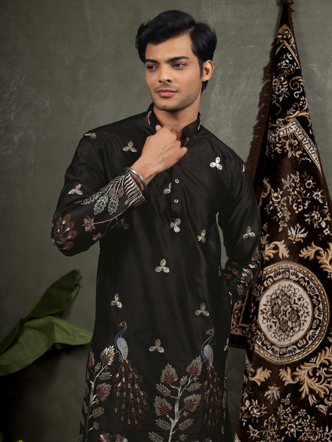 Black Scenic Embroidered Satin Kurta