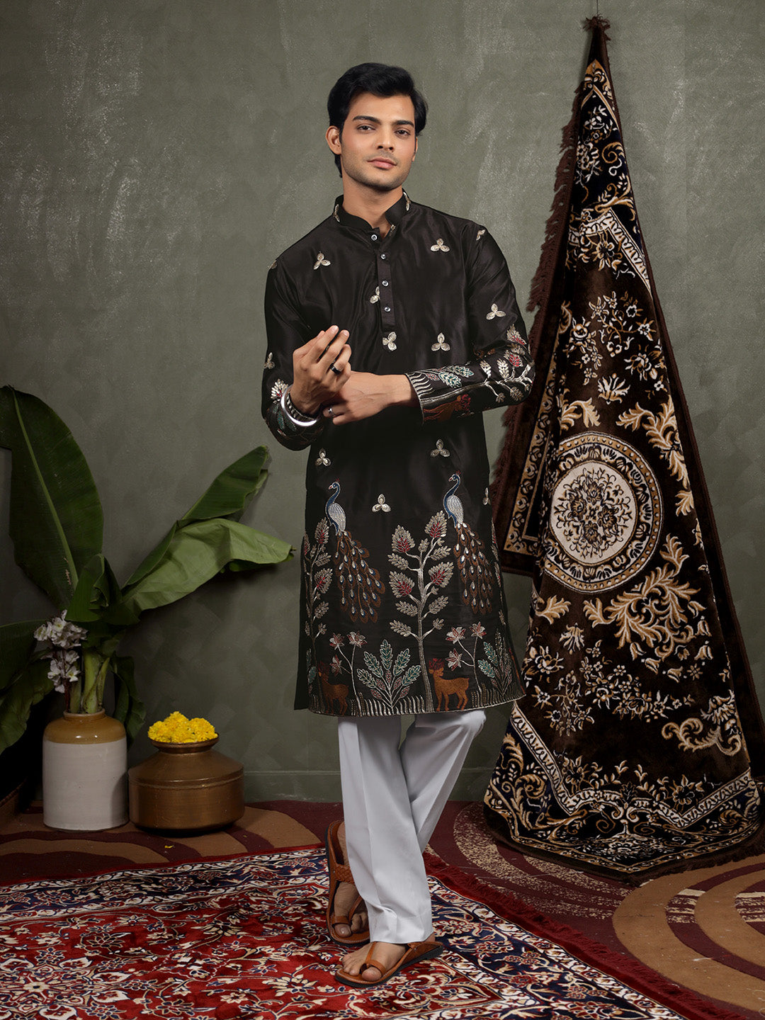 Black Scenic Embroidered Satin Kurta
