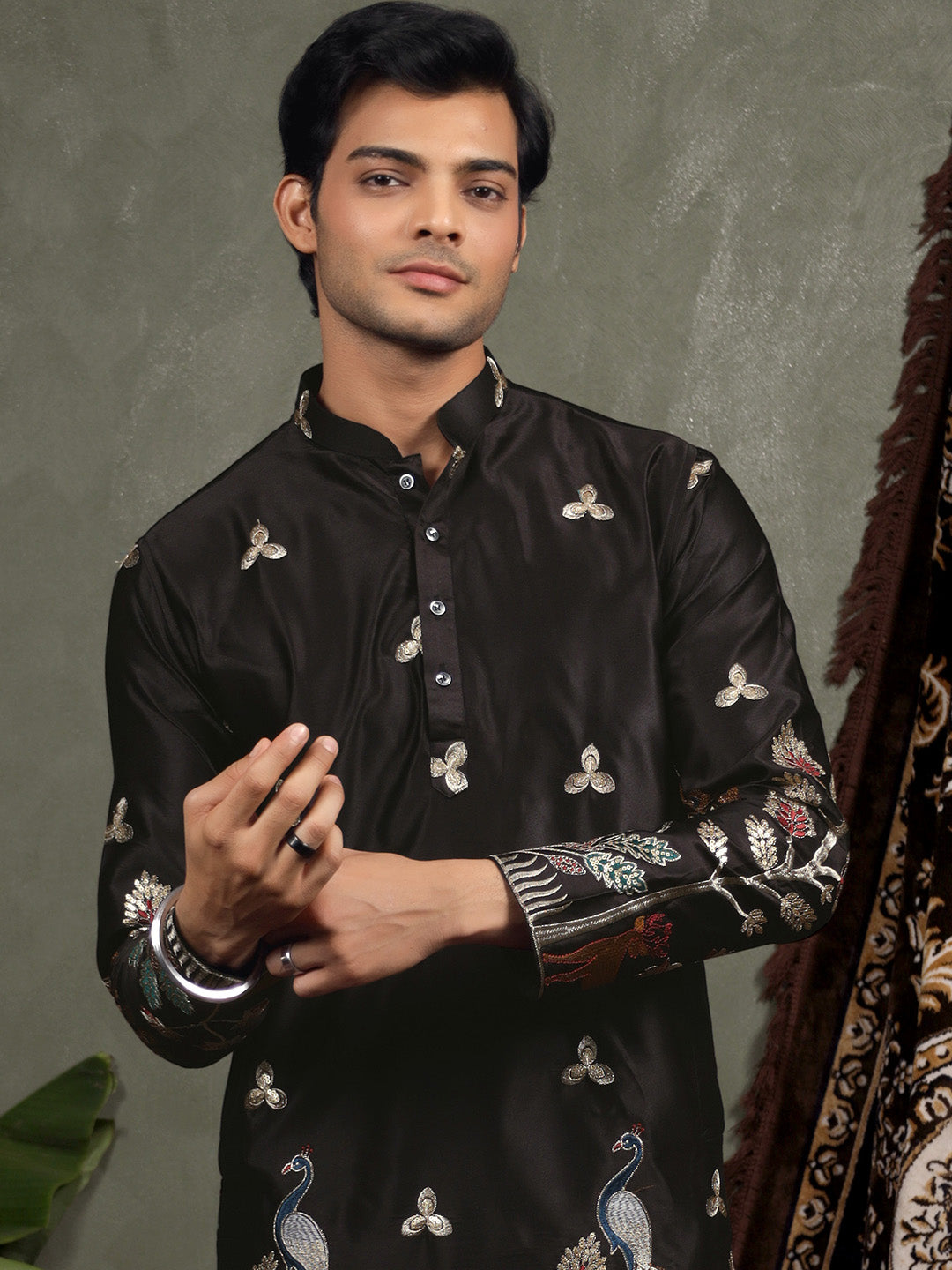 Black Scenic Embroidered Satin Kurta