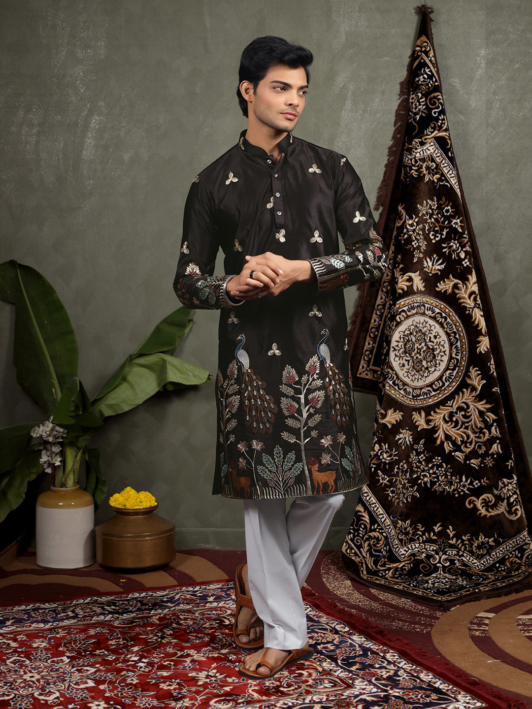 Black Scenic Embroidered Satin Kurta