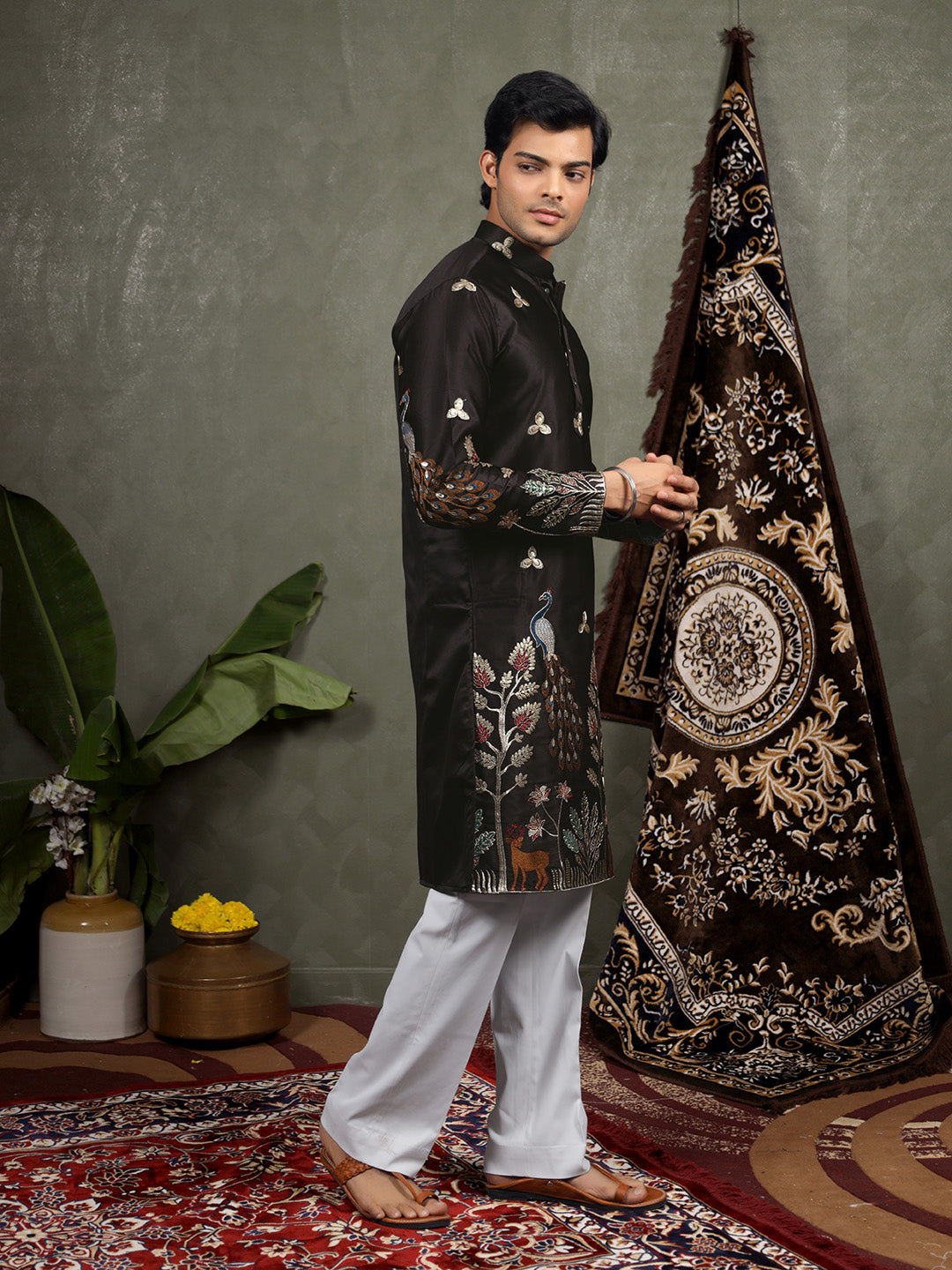 Black Scenic Embroidered Satin Kurta