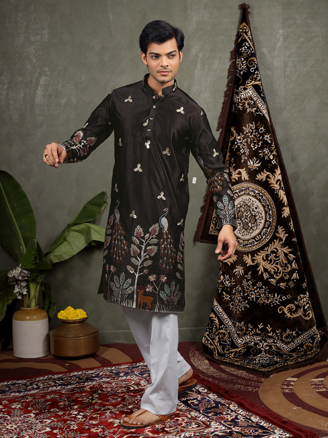 Black Scenic Embroidered Satin Kurta