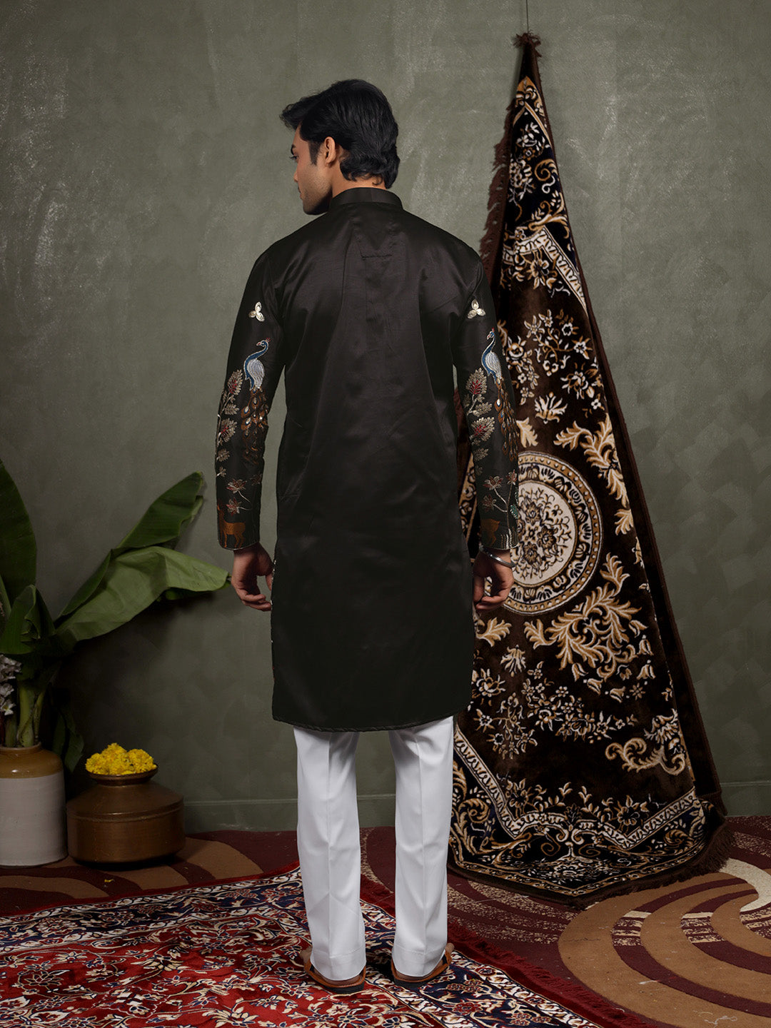 Black Scenic Embroidered Satin Kurta