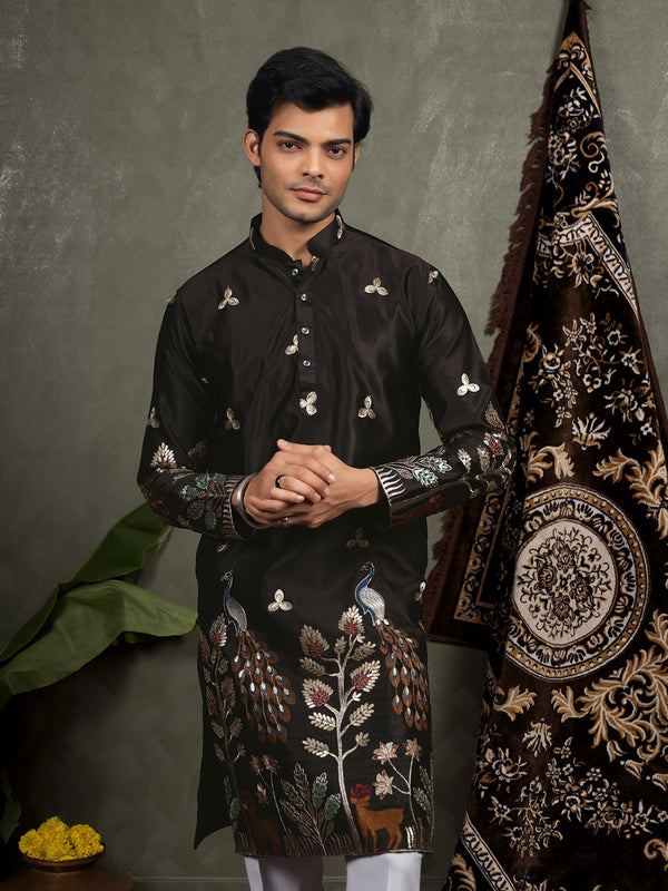 Black Scenic Embroidered Satin Kurta