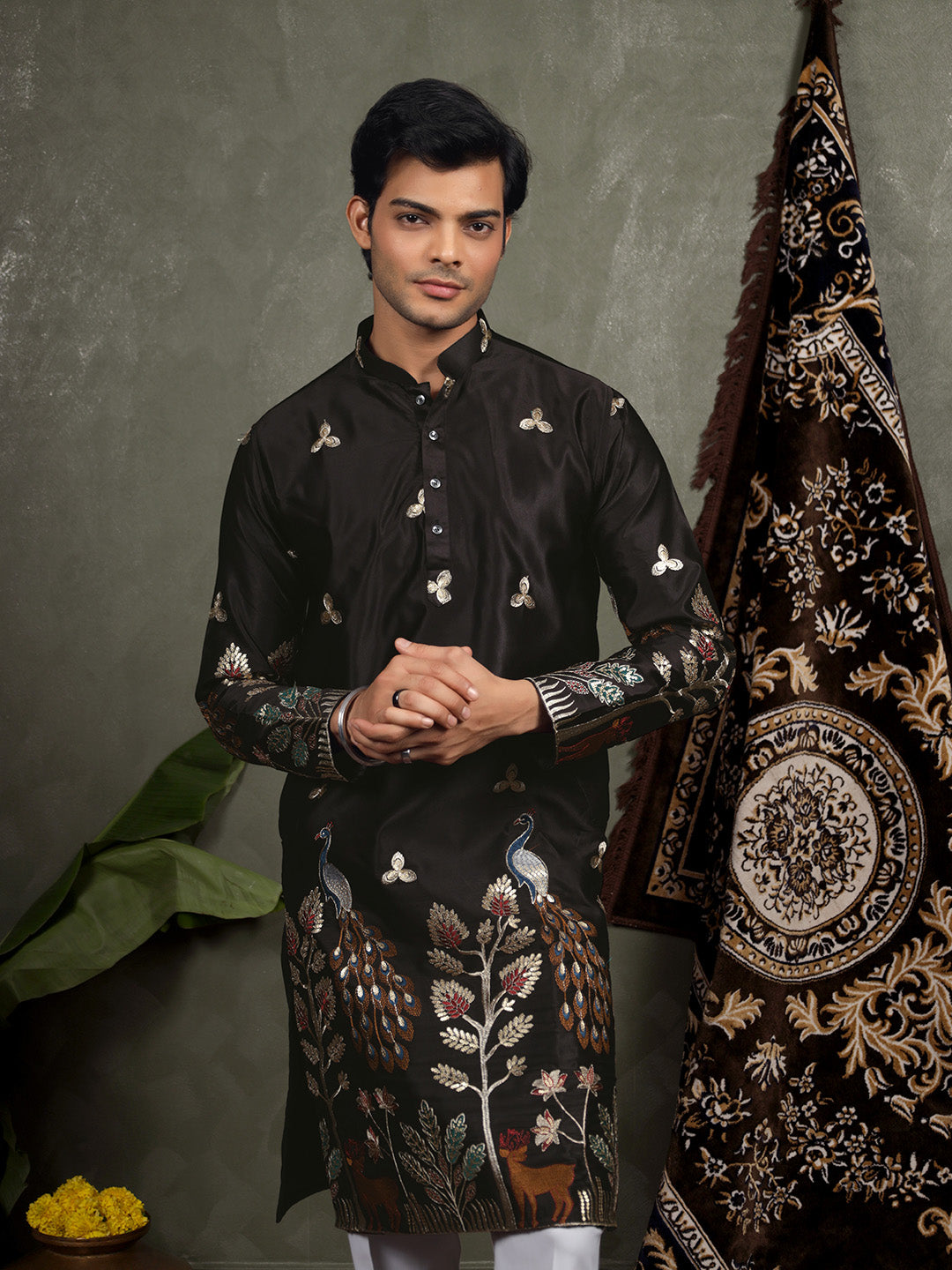 Black Scenic Embroidered Satin Kurta