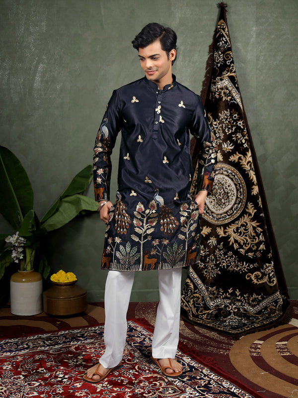 Navy Scenic Embroidered Satin Kurta