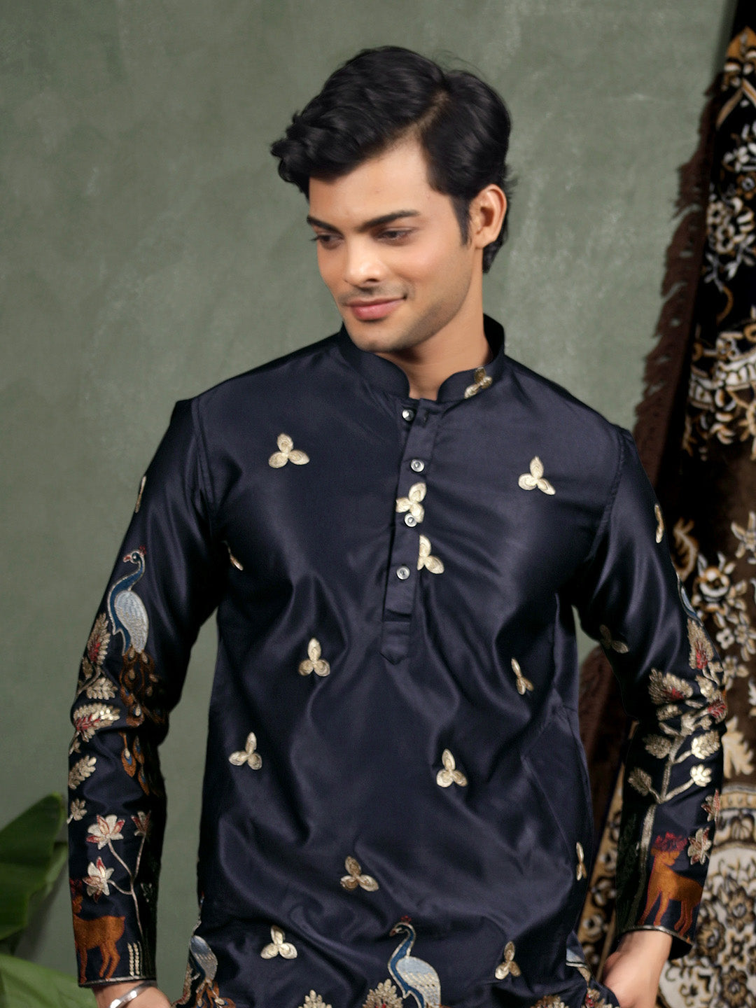 Navy Scenic Embroidered Satin Kurta