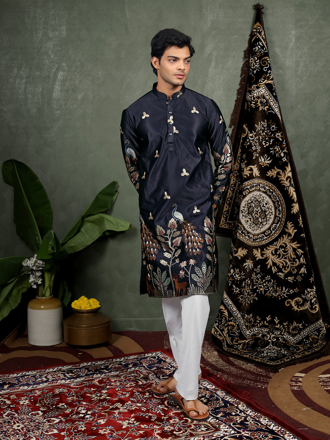 Navy Scenic Embroidered Satin Kurta