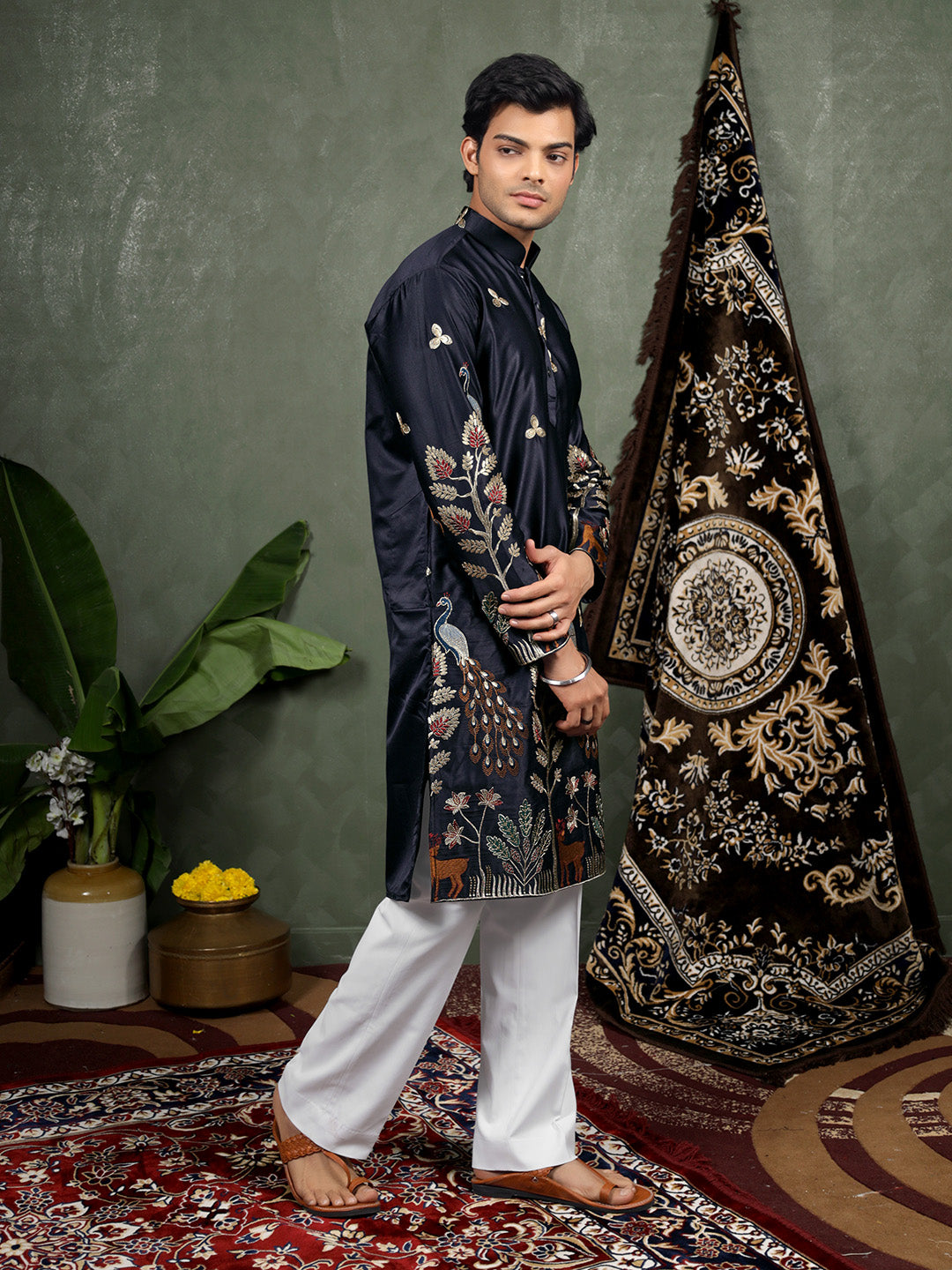 Navy Scenic Embroidered Satin Kurta