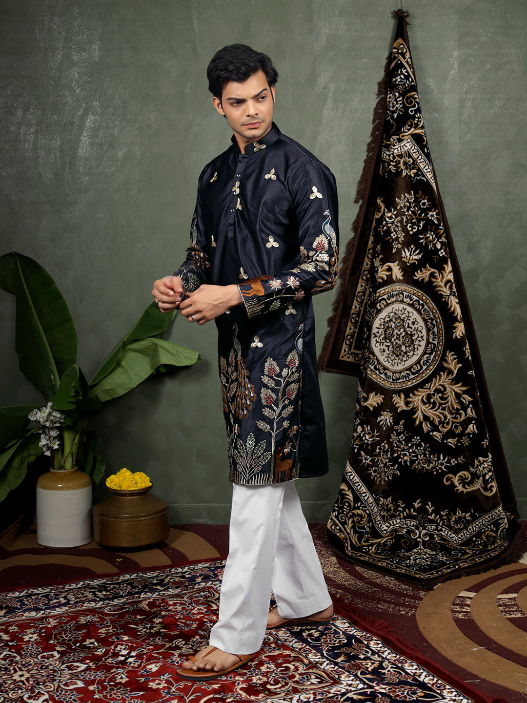 Navy Scenic Embroidered Satin Kurta