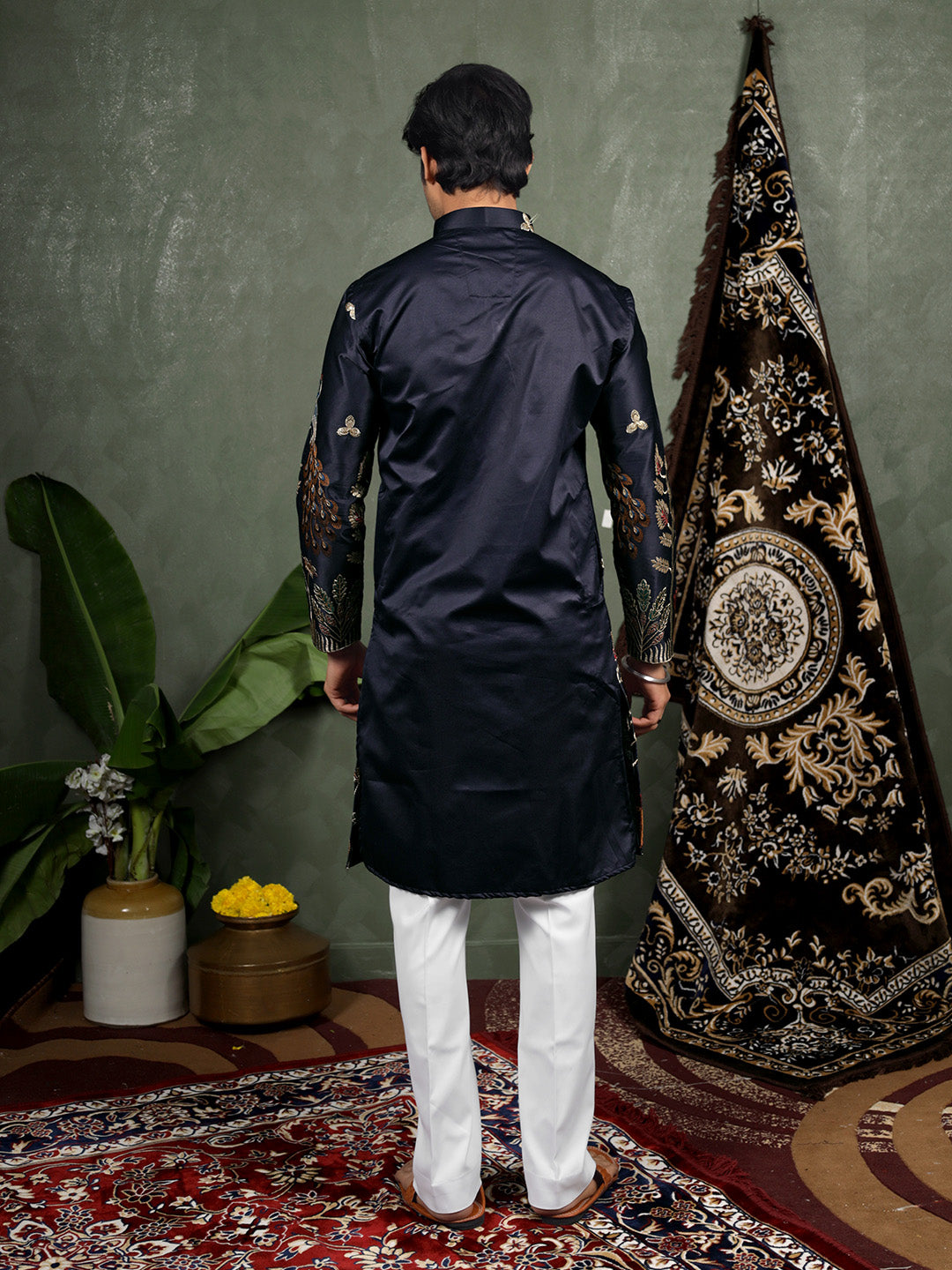 Navy Scenic Embroidered Satin Kurta