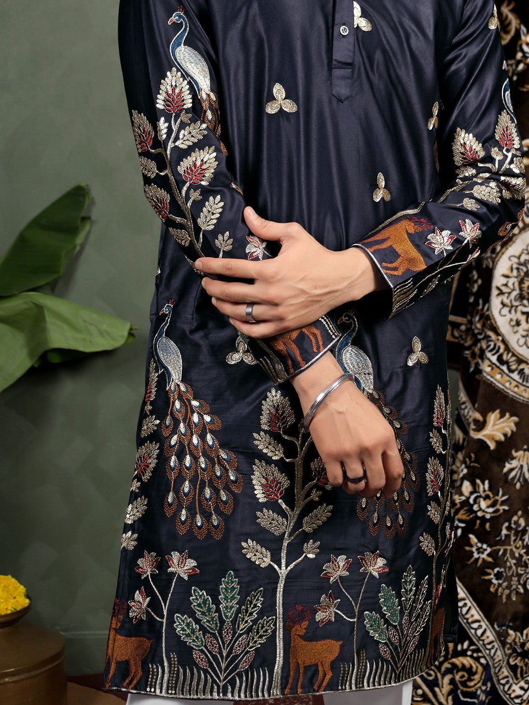 Navy Scenic Embroidered Satin Kurta