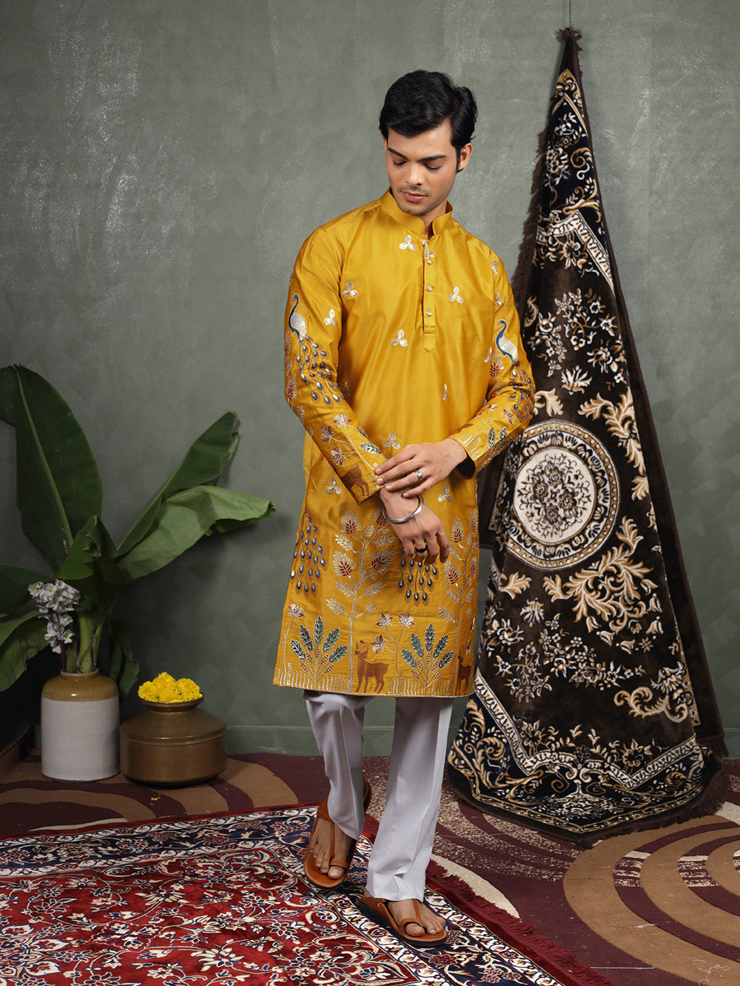Mustard Scenic Embroidered Satin Kurta