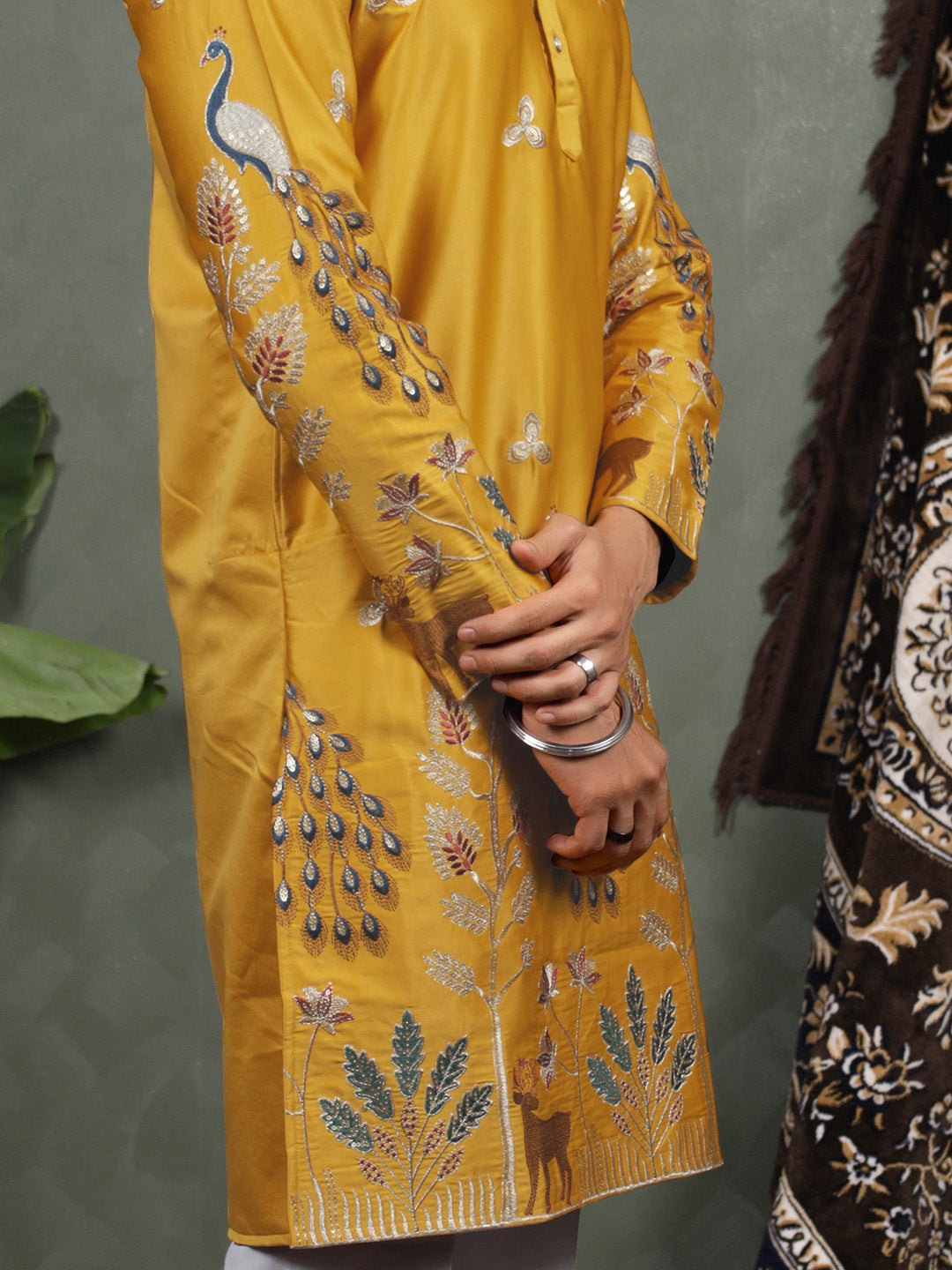 Mustard Scenic Embroidered Satin Kurta