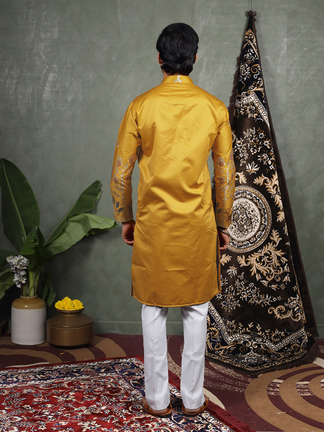 Mustard Scenic Embroidered Satin Kurta