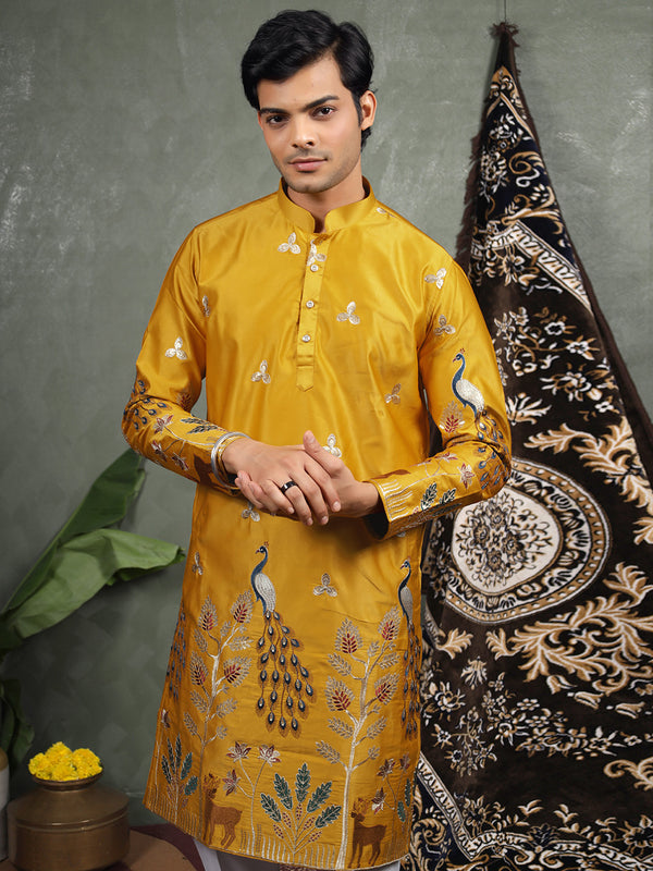 Mustard Scenic Embroidered Satin Kurta
