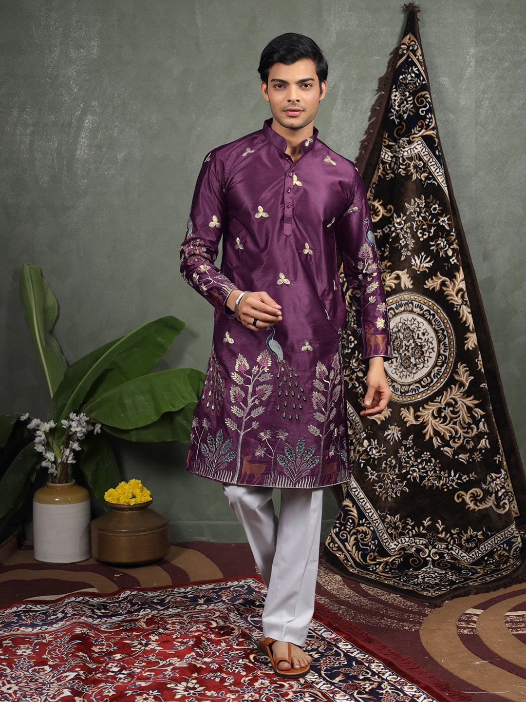 Wine Scenic Embroidered Satin Kurta