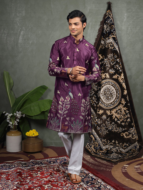 Wine Scenic Embroidered Satin Kurta