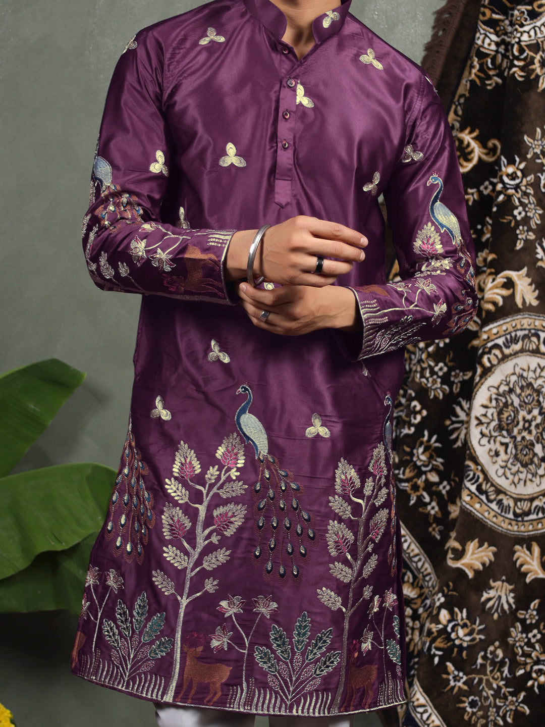 Wine Scenic Embroidered Satin Kurta
