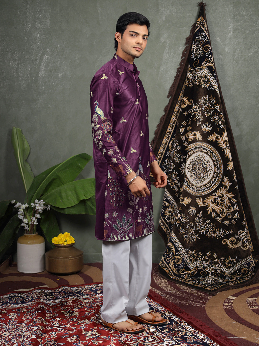 Wine Scenic Embroidered Satin Kurta