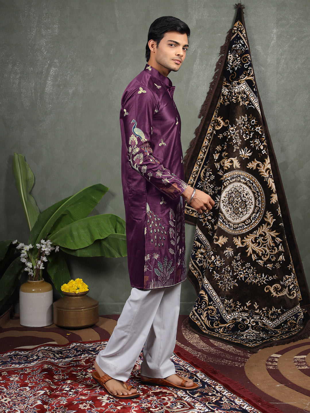 Wine Scenic Embroidered Satin Kurta